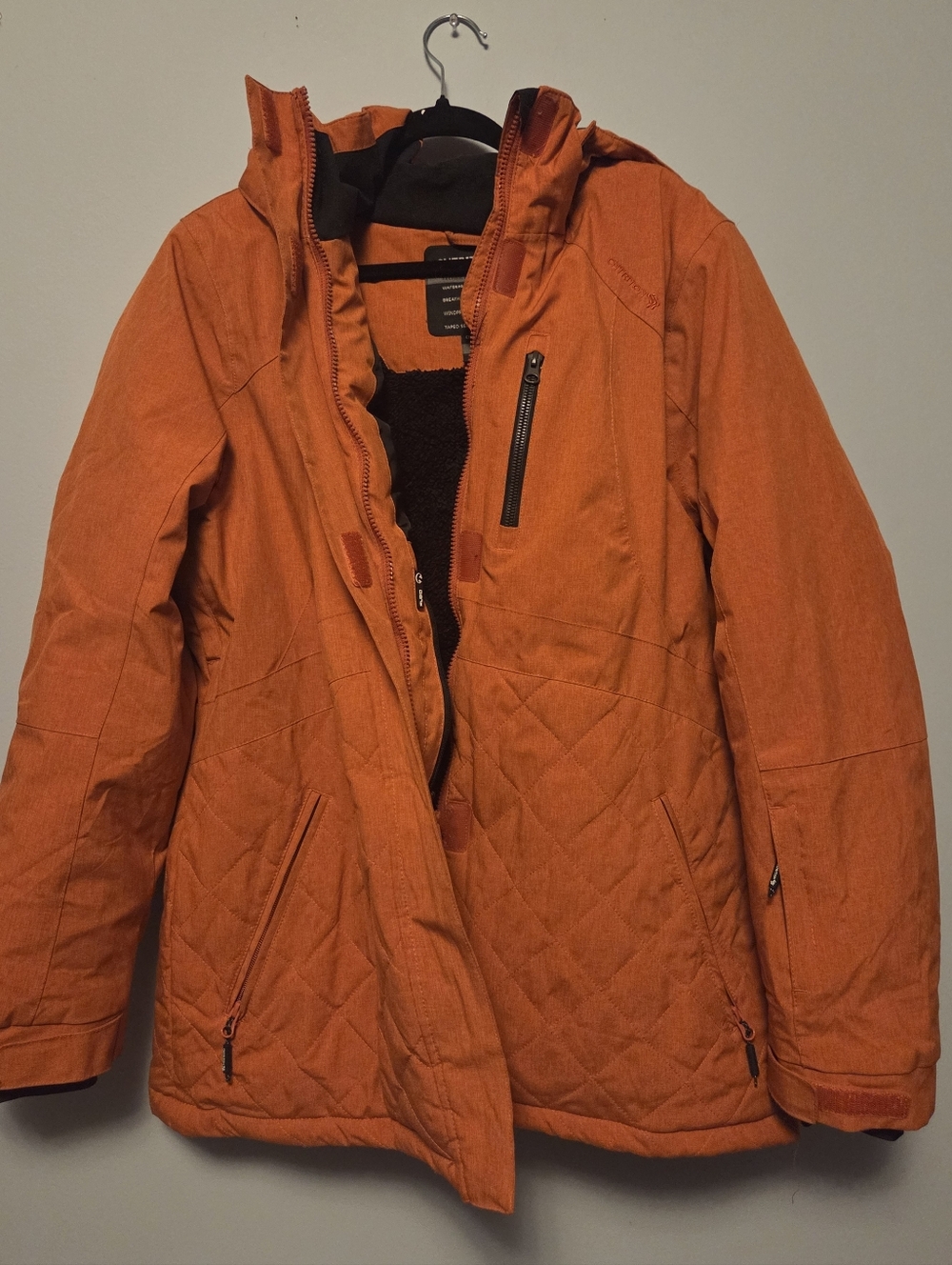 Women’s Orange Quilted Cinched Waist Hooded Ski Jacket